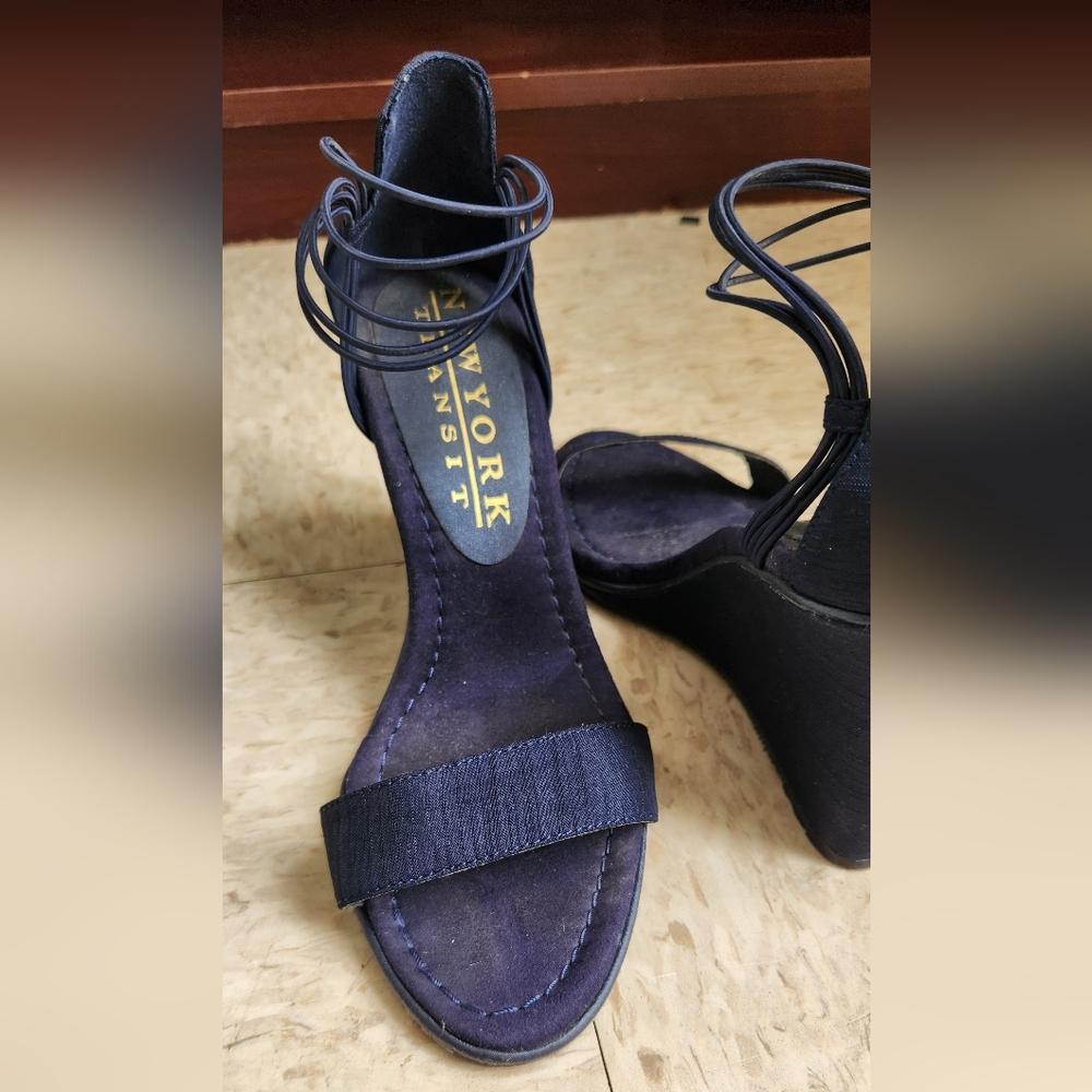 Navy Elastic Ankle- Wedge Sandal-New York Transit - Picture 3 of 7